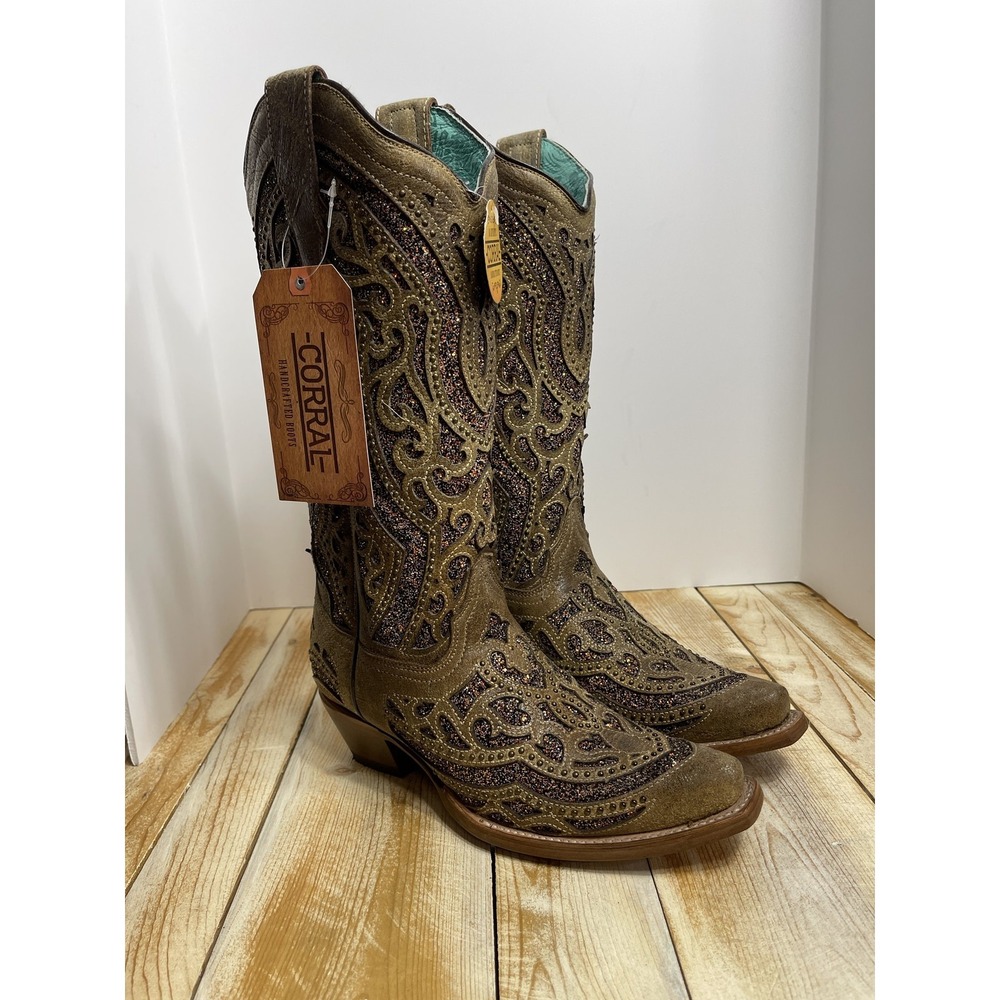 Corral Boots Womens 6.5 Western Embroidered Golden Glitter Inlay Leather Cowboy